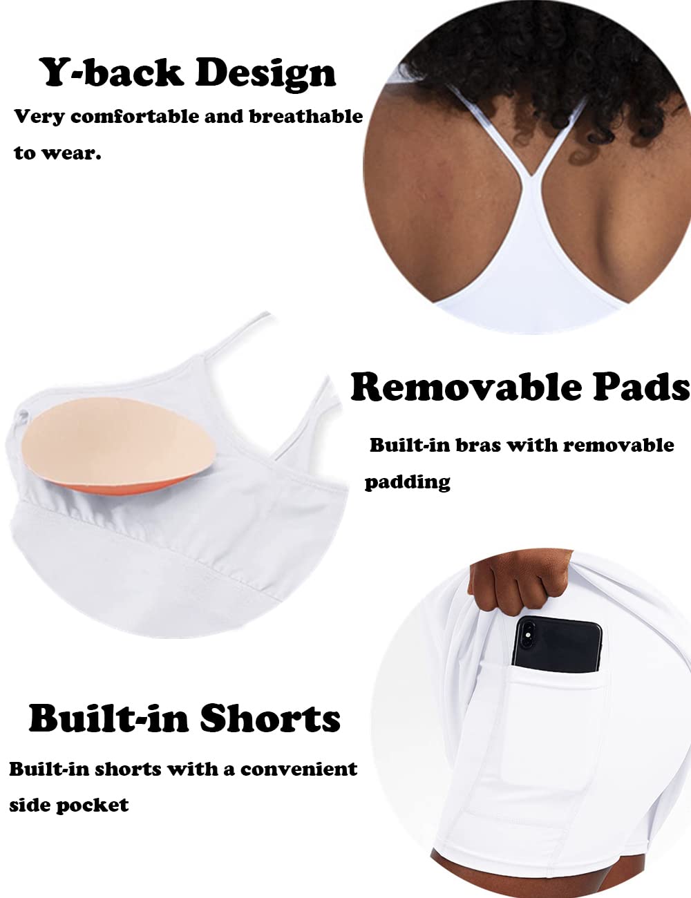 Women's Workout Dress with Built-in Bra & Shorts - Sleeveless Tennis Golf Athletic Dress with Pockets - Breathable & Comfortable for Yoga, Running, Gym - White Size M