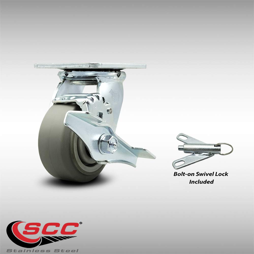 Heavy Duty 4 Inch Swivel Caster Wheels with Top Lock Brake & Bolt-on Swivel Lock – 300 lbs Capacity per Caster – Stainless Steel Plate & Thermoplastic Rubber Tread – Ideal for Industrial Equipment, Workbenches, and Heavy Carts