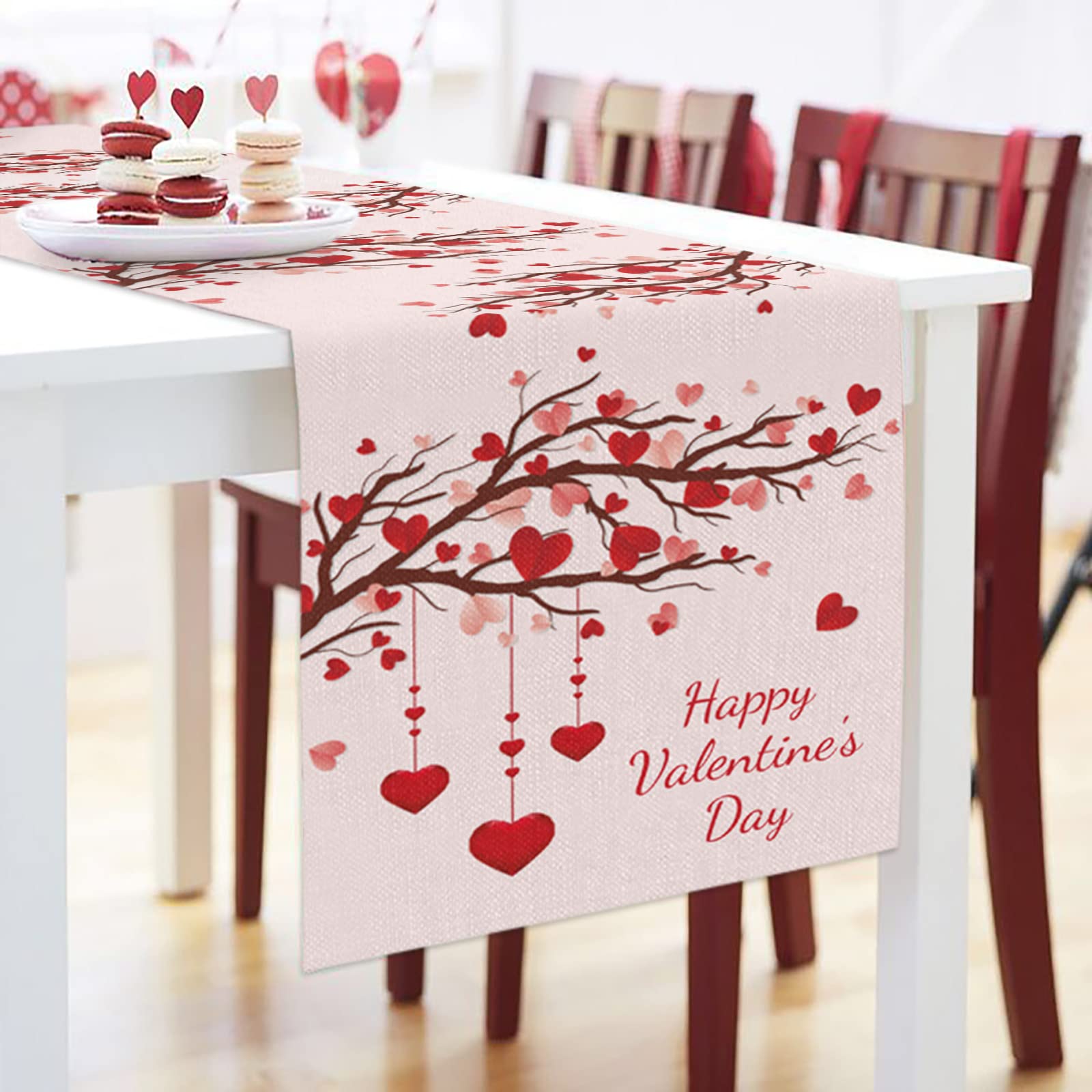 Valentine's Day Table Runner 90 Inches Long - Pink Cotton Linen Tablecloth for Coffee Table, Wedding, Party & Dining Decor - Romantic Heart Tree Design - Perfect for Valentine's Decor, Anniversary Gifts & Holiday Table Settings