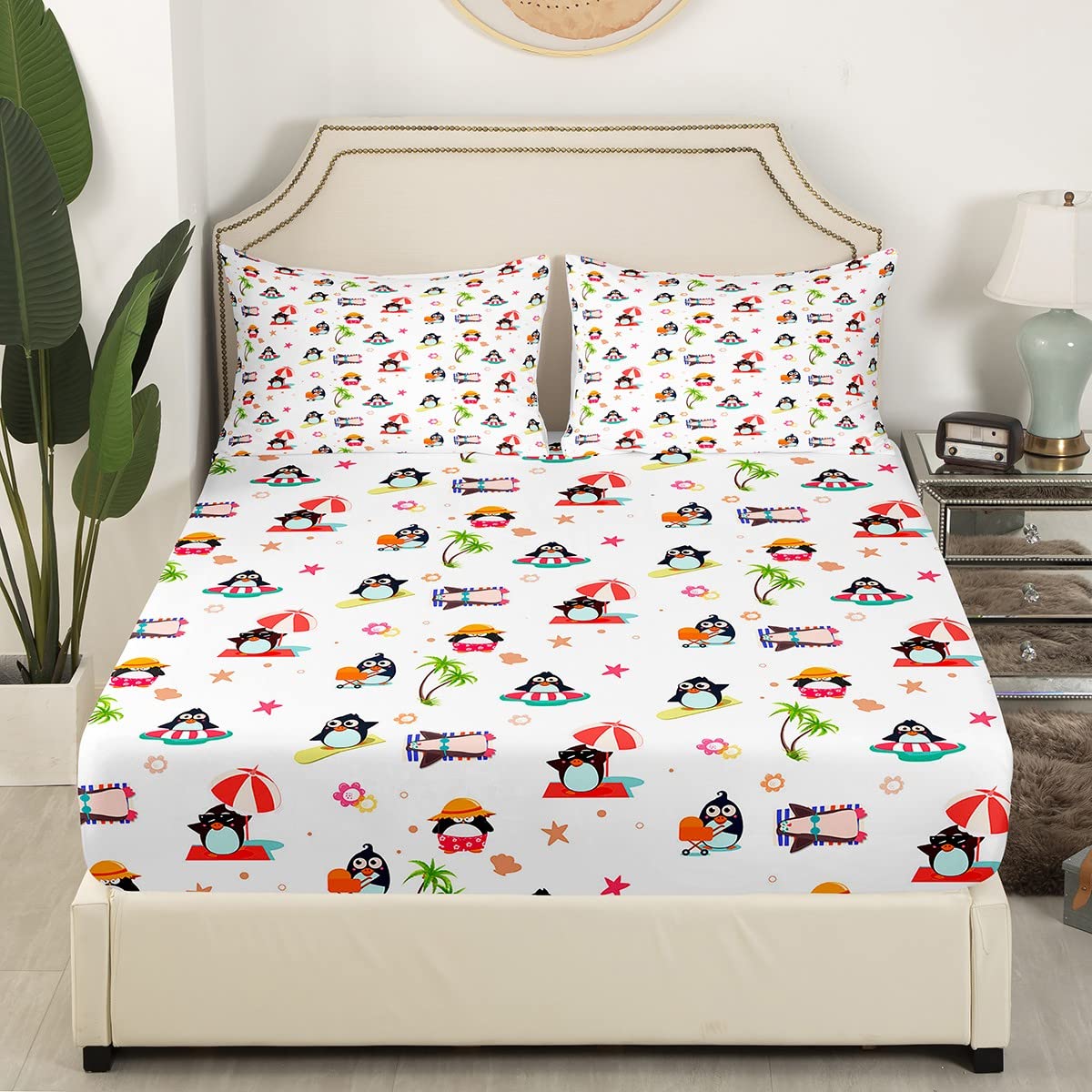 Castle Fairy Kids Penguin Bed Sheets Set - Cute Kawaii Animal Print Microfiber Bedding with Pillowcase for Boys & Girls (Queen Size) | Perfect for Summer Holidays, Beach Themed Rooms & Cozy Teen Bedrooms