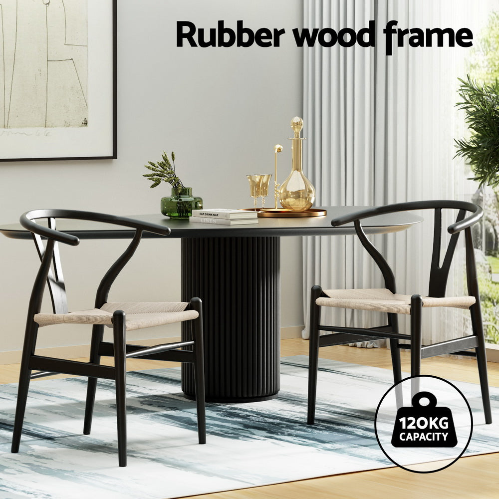 2 Pack Artiss Wooden Rattan Wishbone Dining Chairs - Black Modern Kitchen & Dining Room Furniture for Home Decor