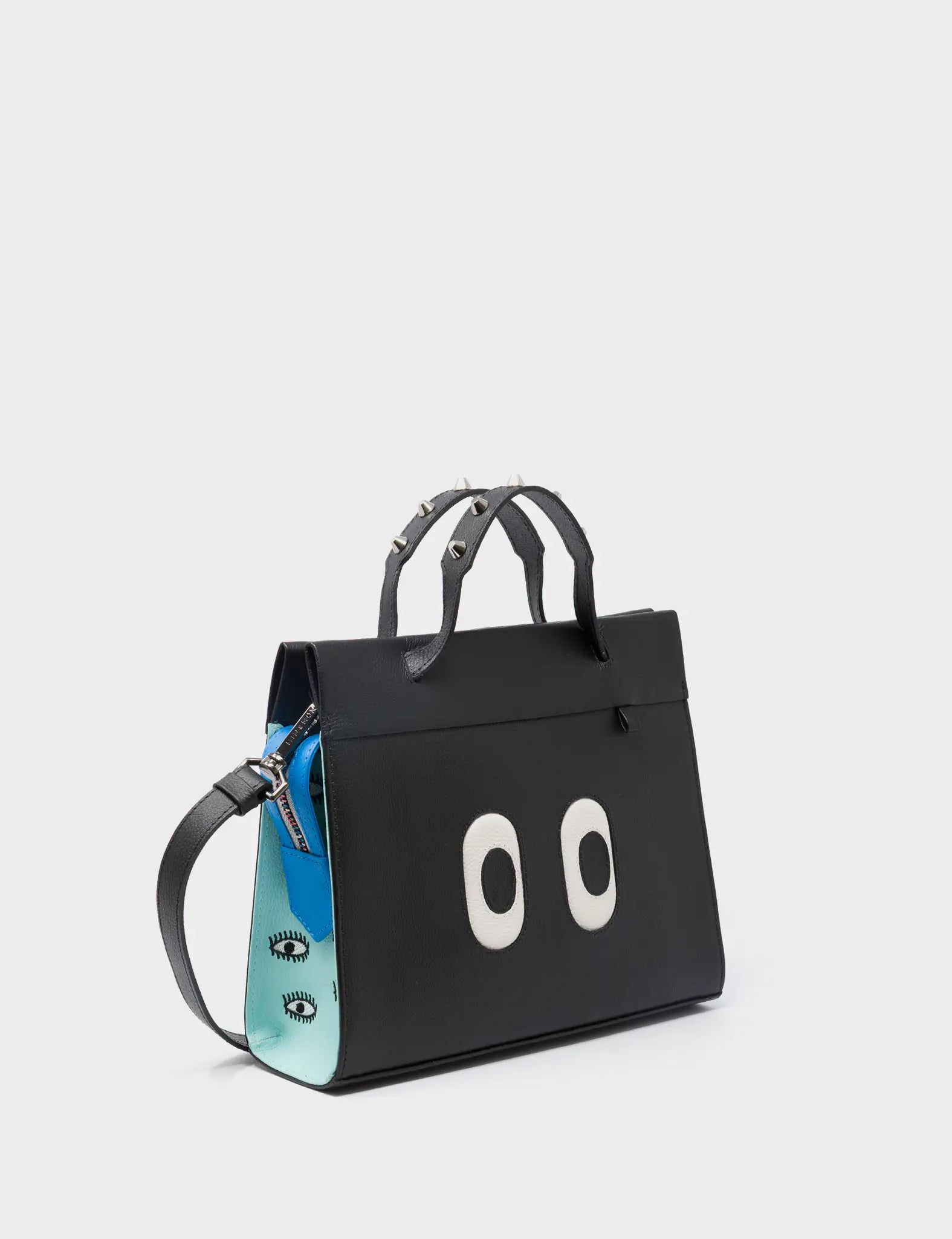 Vali Crossbody Small Black & Water Ballet Blue Leather Bag with All Over Eyes Embroidery - Perfect for Women's Fashion Accessories, Everyday Use & Travel Essentials