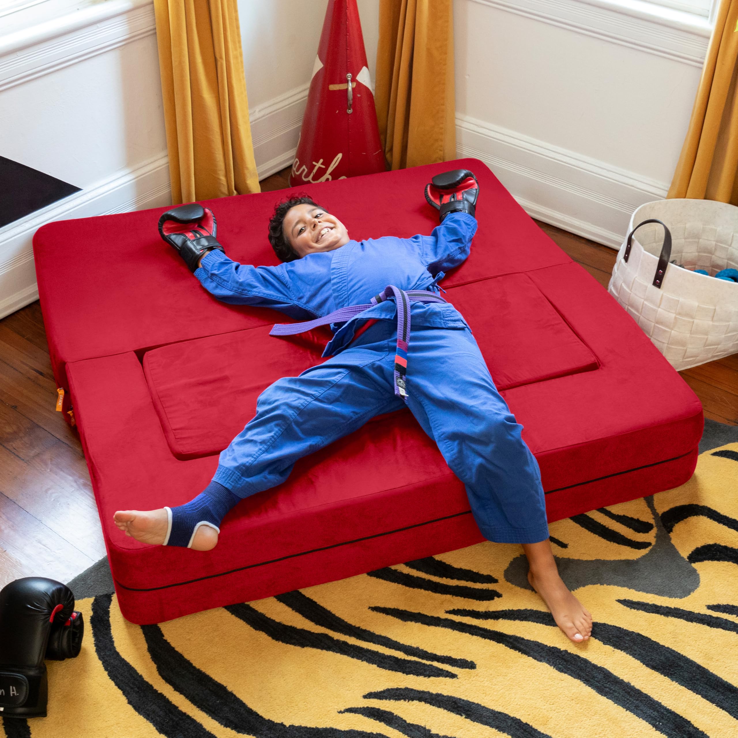 Jaxx Zipline 3-in-1 Fold Out Sofa with Large Ottoman - Big Kids Edition in Cherry Red (17454) | Convertible Sleeper Sofa for Playrooms, Dorm Rooms & Small Spaces