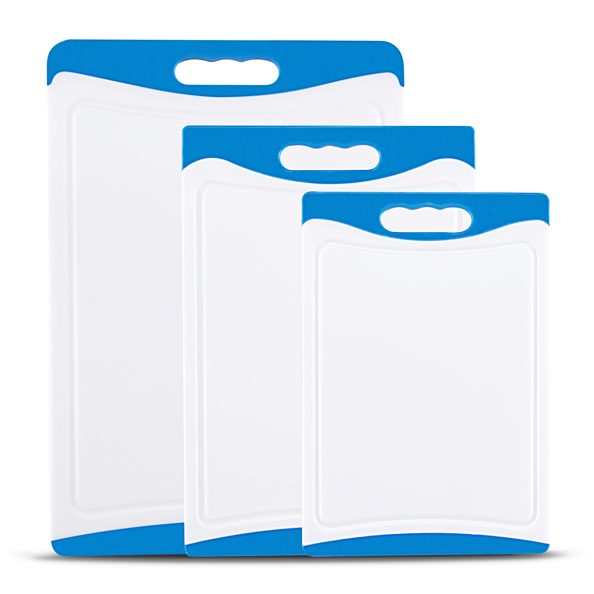 Cibeat Extra Large Plastic Cutting Board Set - 3-Piece BPA-Free Chopping Boards with Juice Grooves & Non-Slip Handles, Dishwasher Safe (Sky Blue/White) - Perfect for Meal Prep, Slicing Meat, Vegetables & Fruits in Kitchen