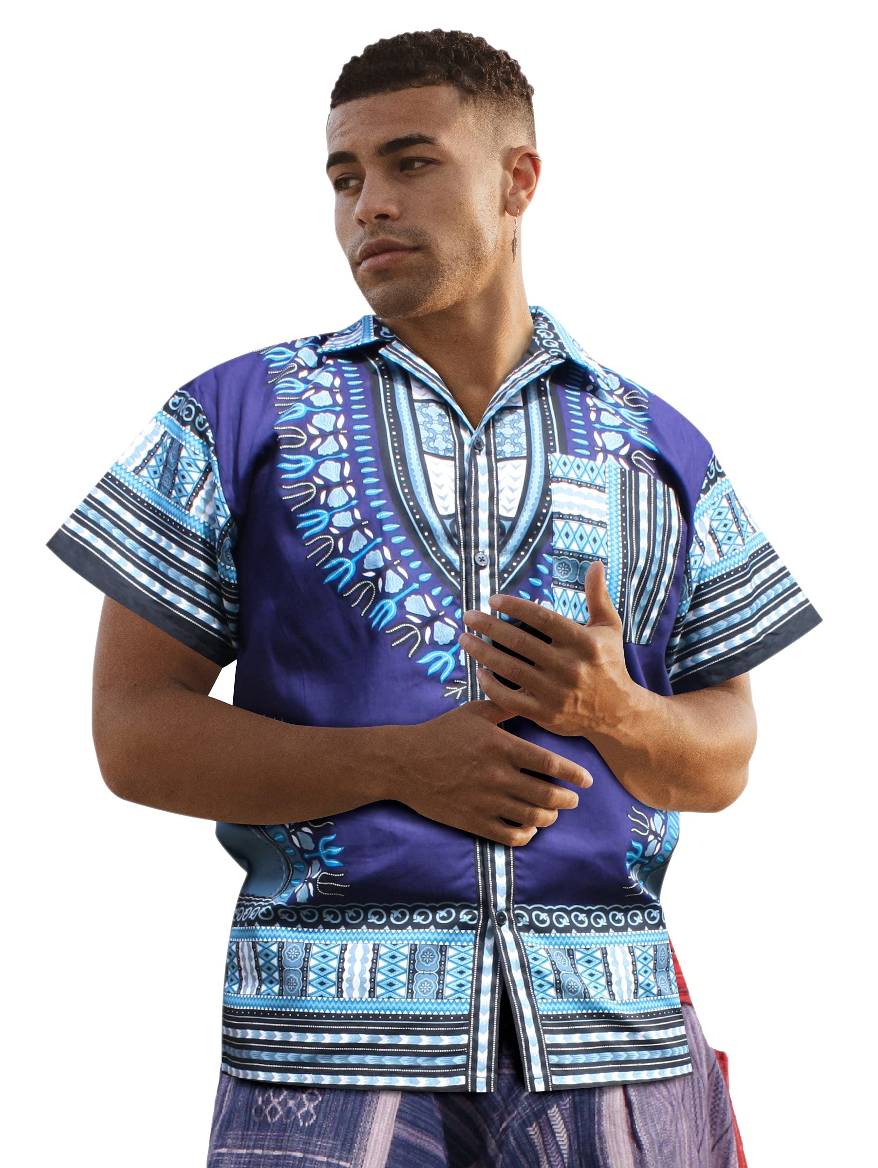 African Dashiki Artwork Hawaiian Shirt - 100% Pure Cotton Men's Aloha Shirt with Large Collar | Beach Vacation, Summer Party & Casual Wear