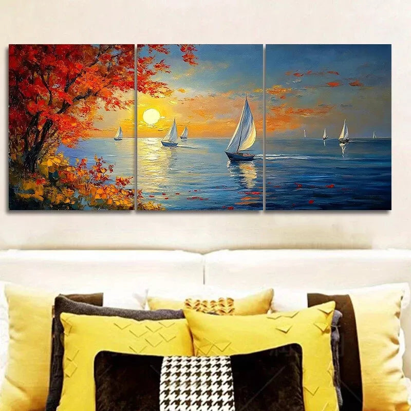 3-Piece Serene Sailboat Sunset & Vibrant Autumn Wall Art Set - Framed Canvas 50x70cm (20x28in) - High Quality Australian Made Prints - Ready to Hang - Perfect for Living Room, Bedroom or Office Decor