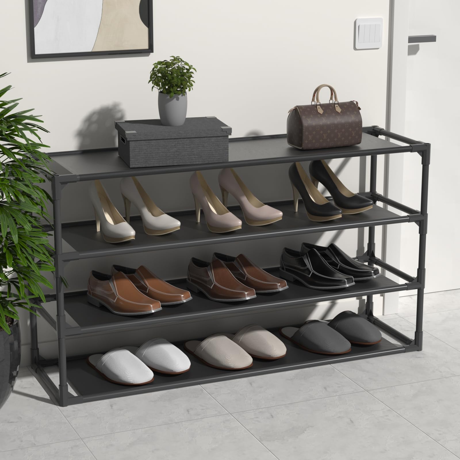 2-Pack 4-Tier Shoe Rack Organizer with Detachable Metal Frame & Non-Woven Fabric - Space Saving Shoe Storage Cabinet for Entryway, Hallway, Bathroom - Perfect for Small Spaces and Apartment Living