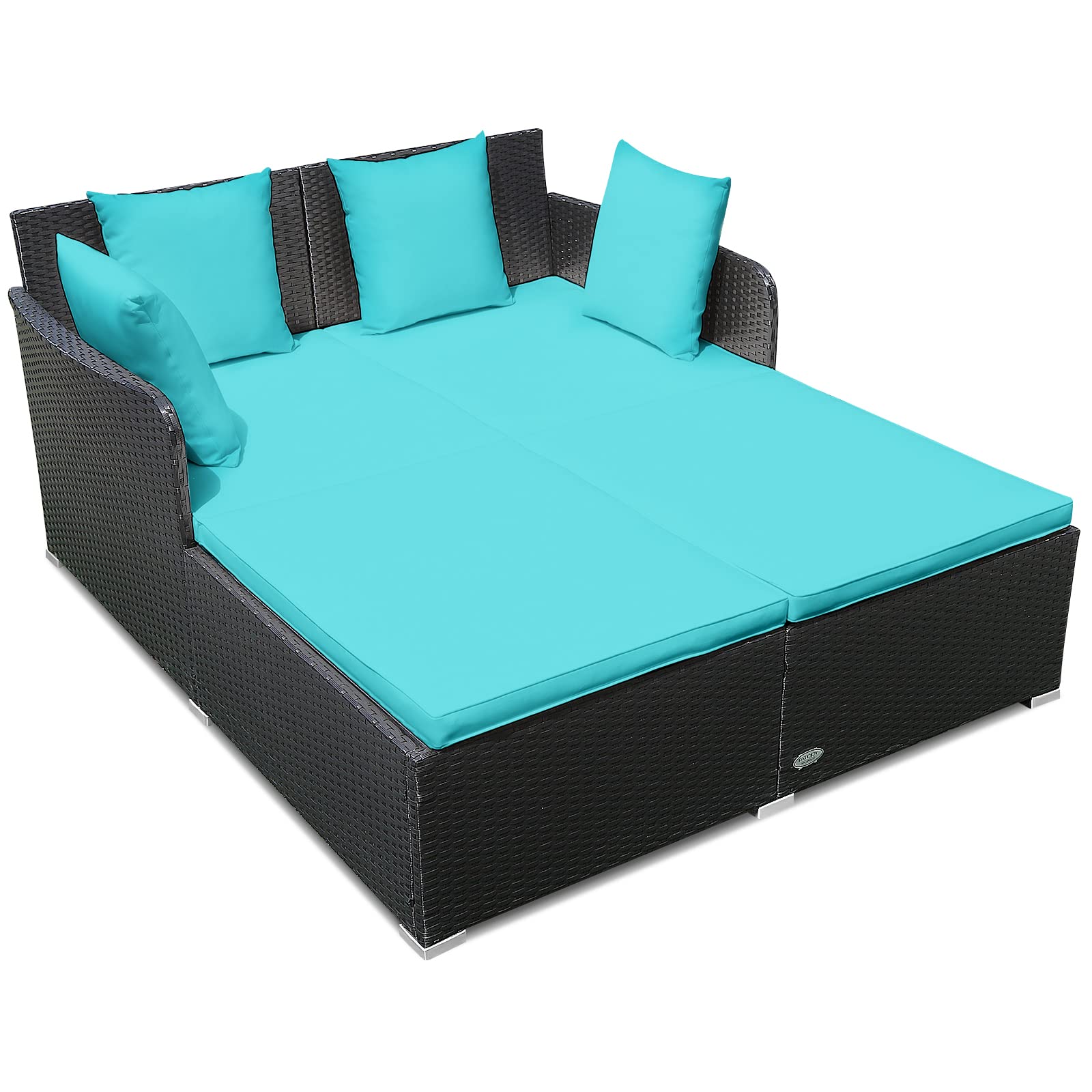 RELAX4LIFE Rattan Patio Outdoor Daybed - 2-Person Wicker Sunbed Loveseat with Soft Cushions & 4 Pillows, Curved Backrest & Armrest - Double Lounger Sofa Set for Balcony, Porch, Backyard or Poolside (Turquoise) - Perfect for Sunbathing, Relaxing & Outdoor Lounging