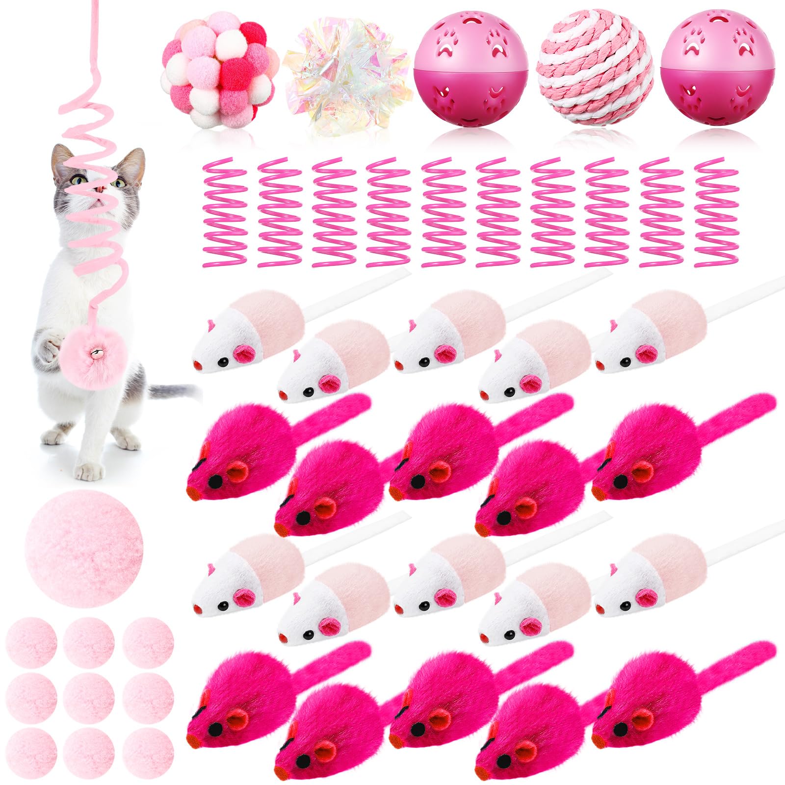 46 Pcs Cat Toys Set - Interactive Cute Cat Toys with Fur Mice, Rattle Springs, Crinkle Balls, Pompom Bells & Sisal Ball Puzzle - Perfect for Indoor Play, Kitten Training & Gift Giving (Pink)