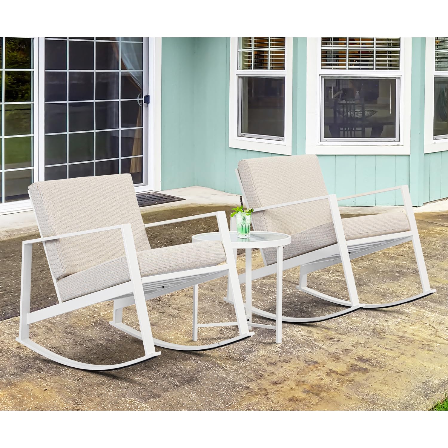 AQUILLA 3-Piece Outdoor Patio Rocking Chair Set with Metal Frame & Tempered Glass Table - Beige Gray Cushioned Bistro Furniture for Balcony, Garden, Lounge - Durable Weather-Resistant Outdoor Seating for Relaxing & Entertaining