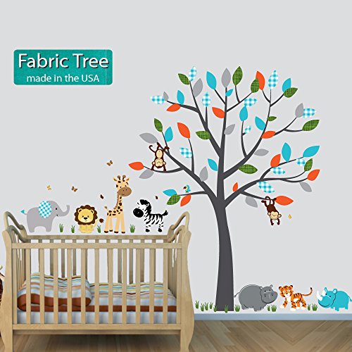 Rhino Wall Decal - Jungle Animal Stickers for Kids Room Decor, Silver Mist Color, Fabric Tree Design | Perfect for Nursery, Playroom & Classroom Wall Art