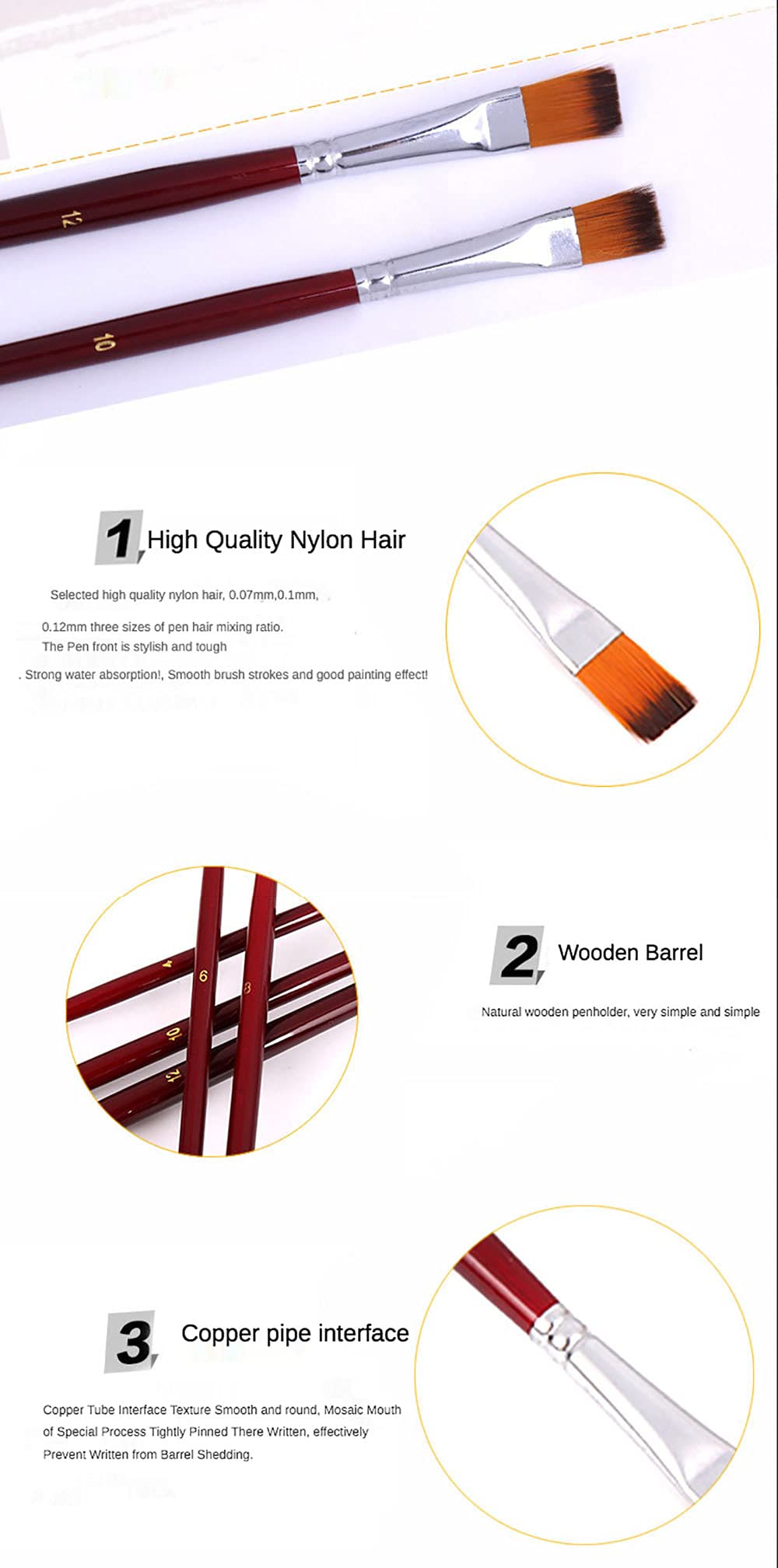 2-Color Nylon Hair Art Brushes - 12pc Set for Watercolor Painting & School Supplies