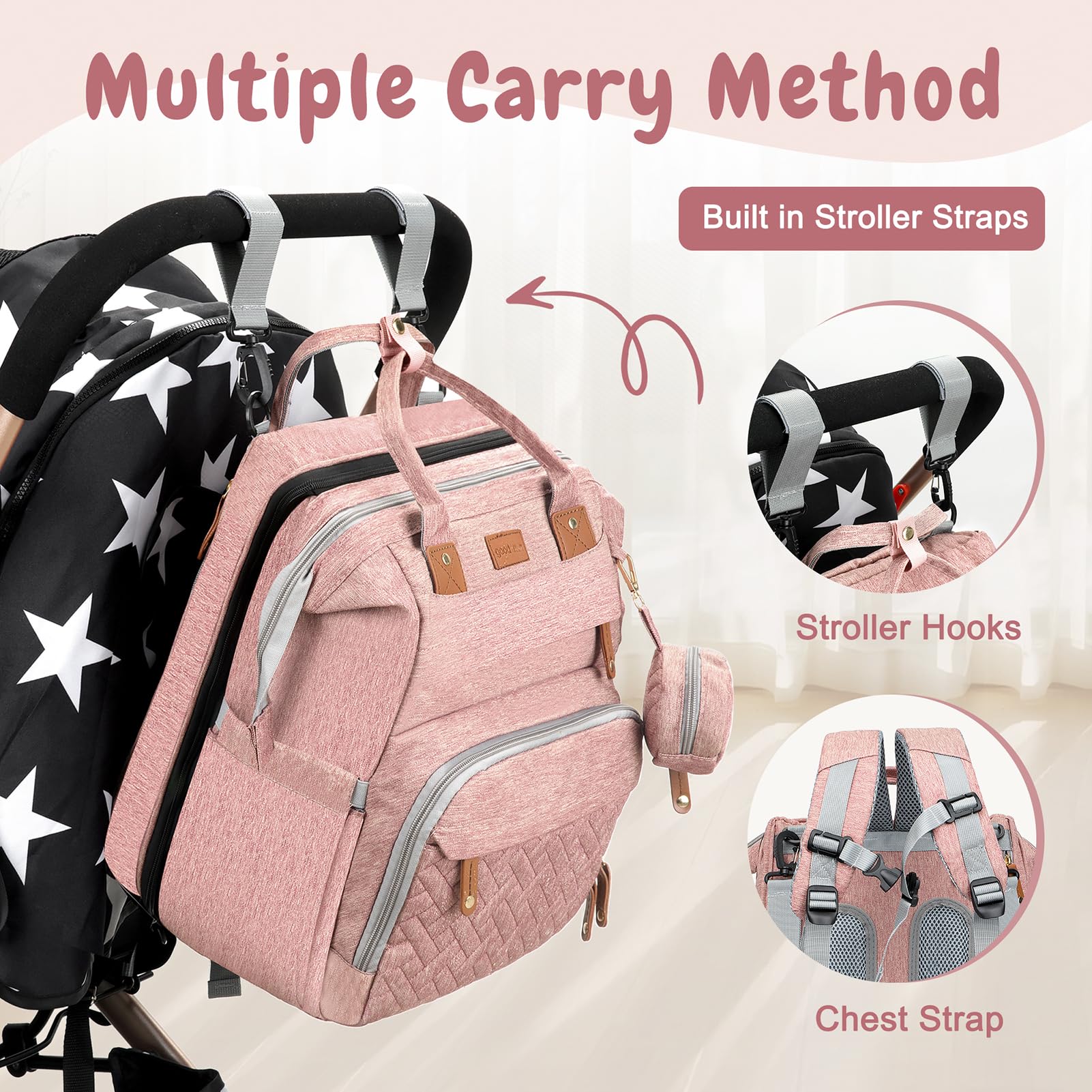 JOYCE Large Diaper Backpack with Changing Station - Multi-functional Baby Bag for Travel & Daily Use - Spacious & Stylish Pink Diaper Bag - Perfect Gift for New Moms & Newborns - Ideal for Daycare, Outings & Family Trips