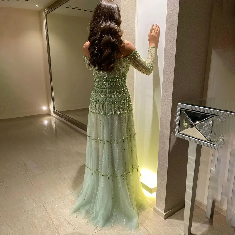 Serene Hill Dubai Arabic Sage Green Mermaid Luxury Evening Gown Beaded Party Dress for Women's Wedding 2025 LA72350 | Elegant Formal Gown for Prom, Red Carpet, Gala & Special Occasions