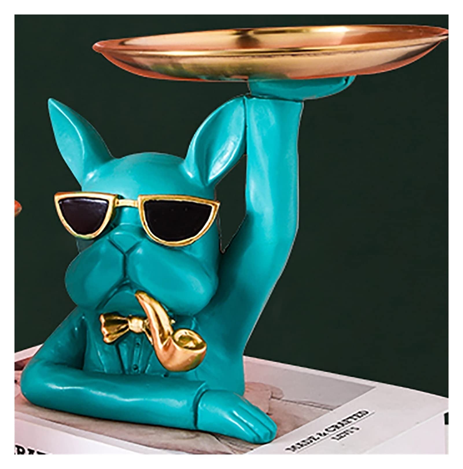 Stainless Steel Bulldog Storage Tray - Jewelry Key Organizer, Towel & Cosmetic Dish Plate, Tea & Fruit Serving Tray - Elegant Gold Trim (Blue) - Perfect for Bathroom, Bedroom, Entryway & Gift Giving
