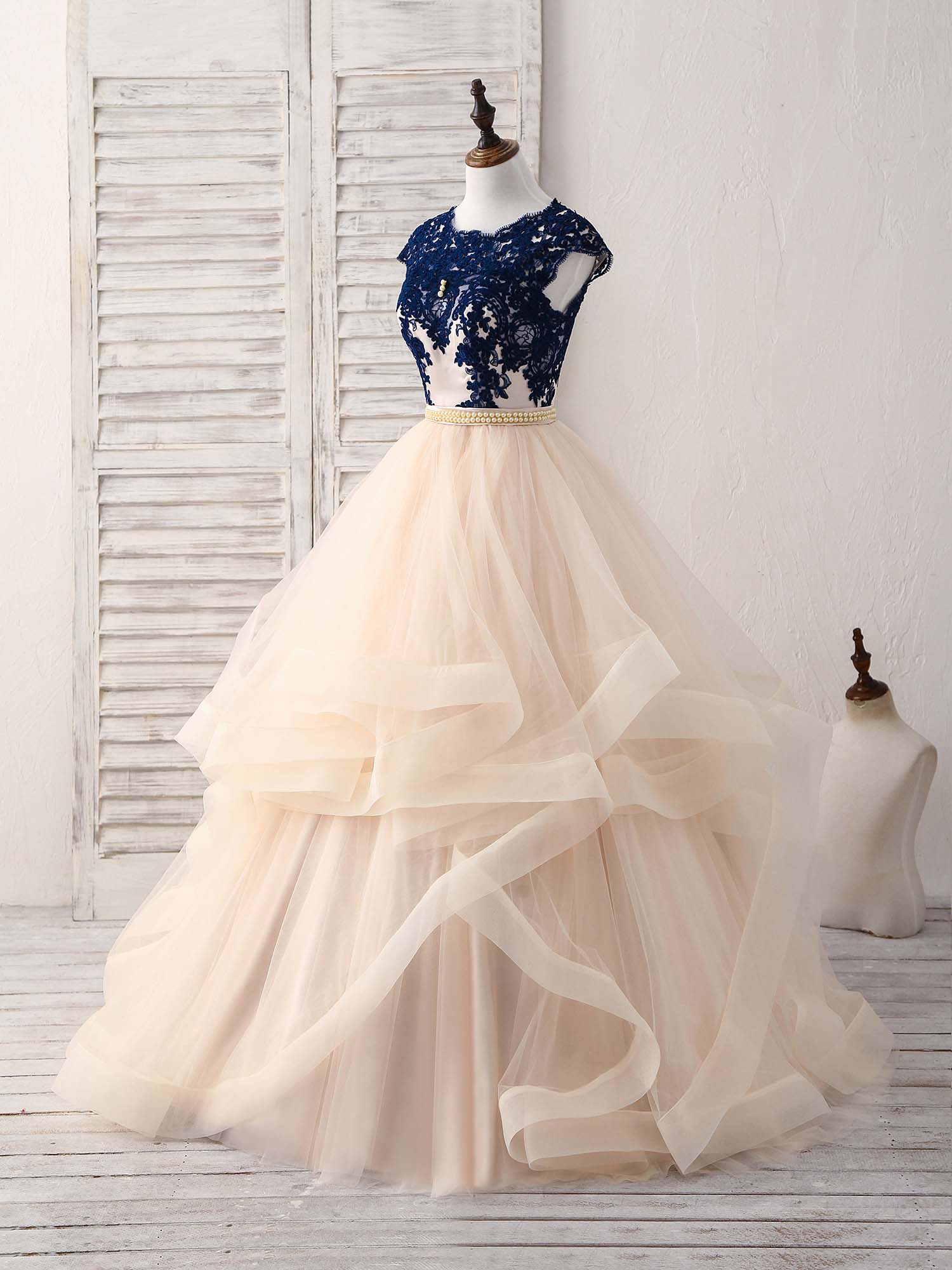 Elegant Blue & Champagne Tulle Lace Applique Long Prom Dress - Formal Evening Gown for Homecoming, Quinceañera & Special Occasions