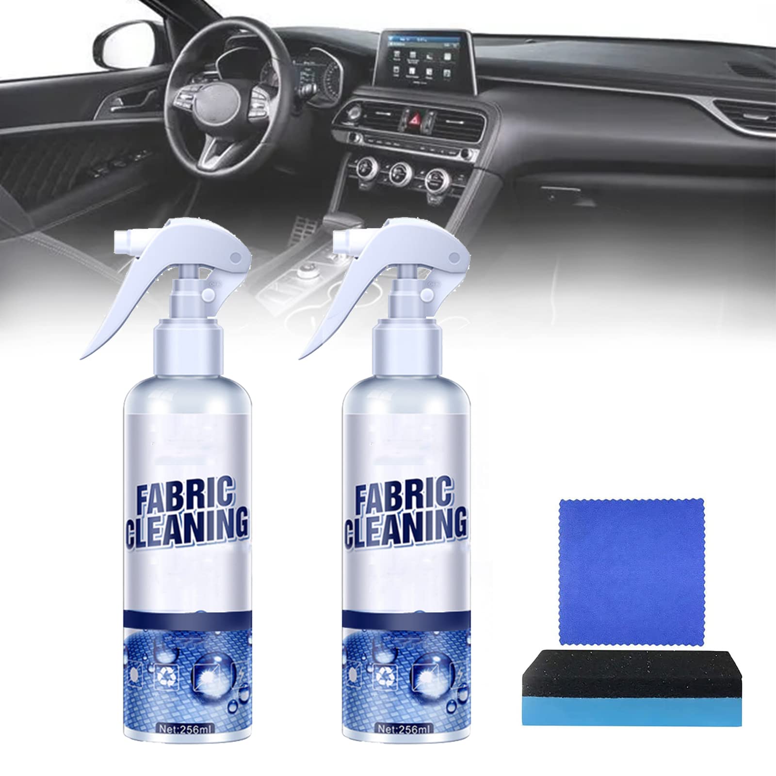 2 Pack Multi-Purpose Car Interior Cleaner Spray - 256ml Auto Upholstery & Fabric Cleaner for Leather, Plastic, Rubber, Glass & Carpet - Includes Sponge & Microfiber Towel - Perfect for Car Detailing, Home & Office Cleaning