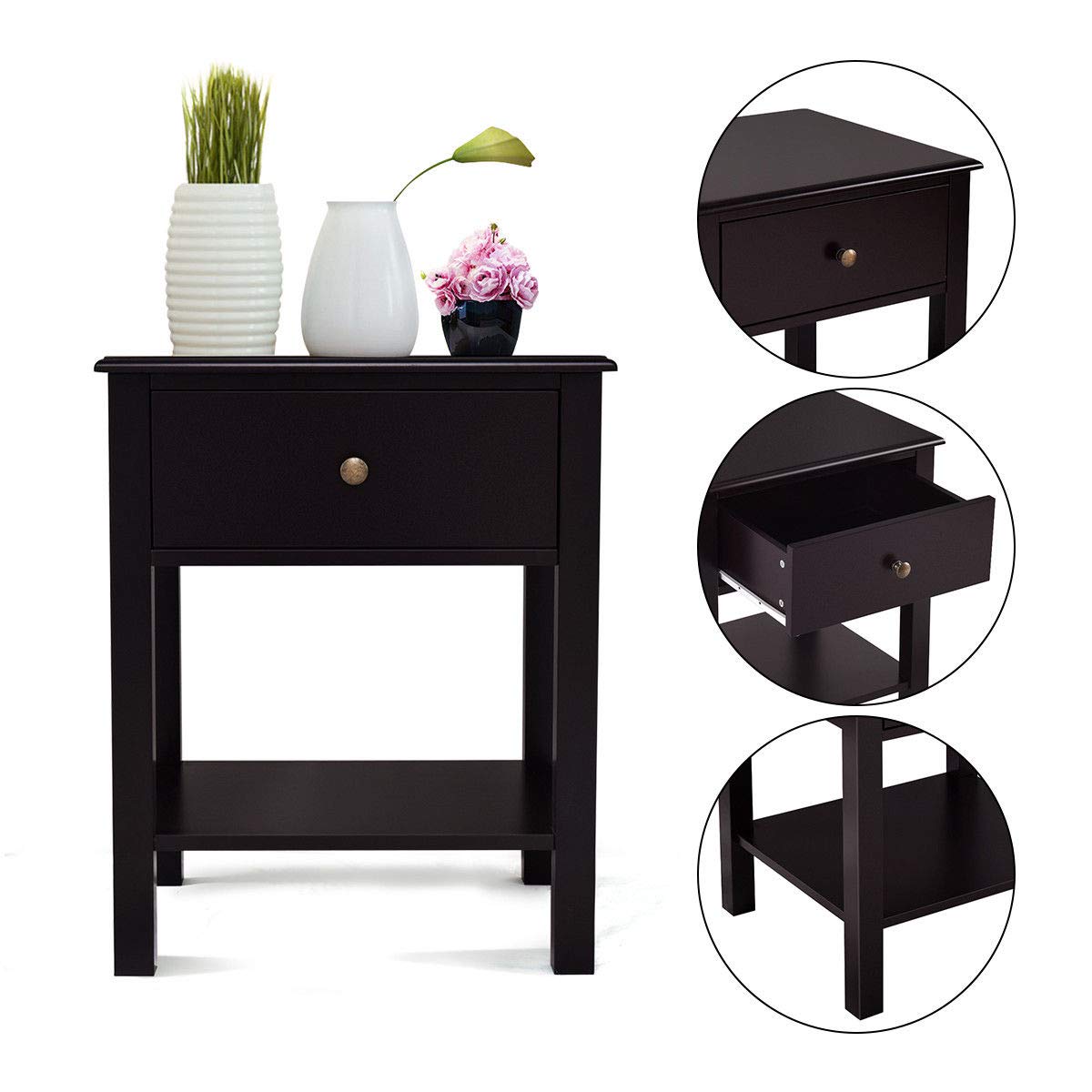 Brown Wood Nightstand with Drawer and Shelf - End Table for Bedroom, Living Room, or Office - Compact Storage & Display Furniture for Small Spaces