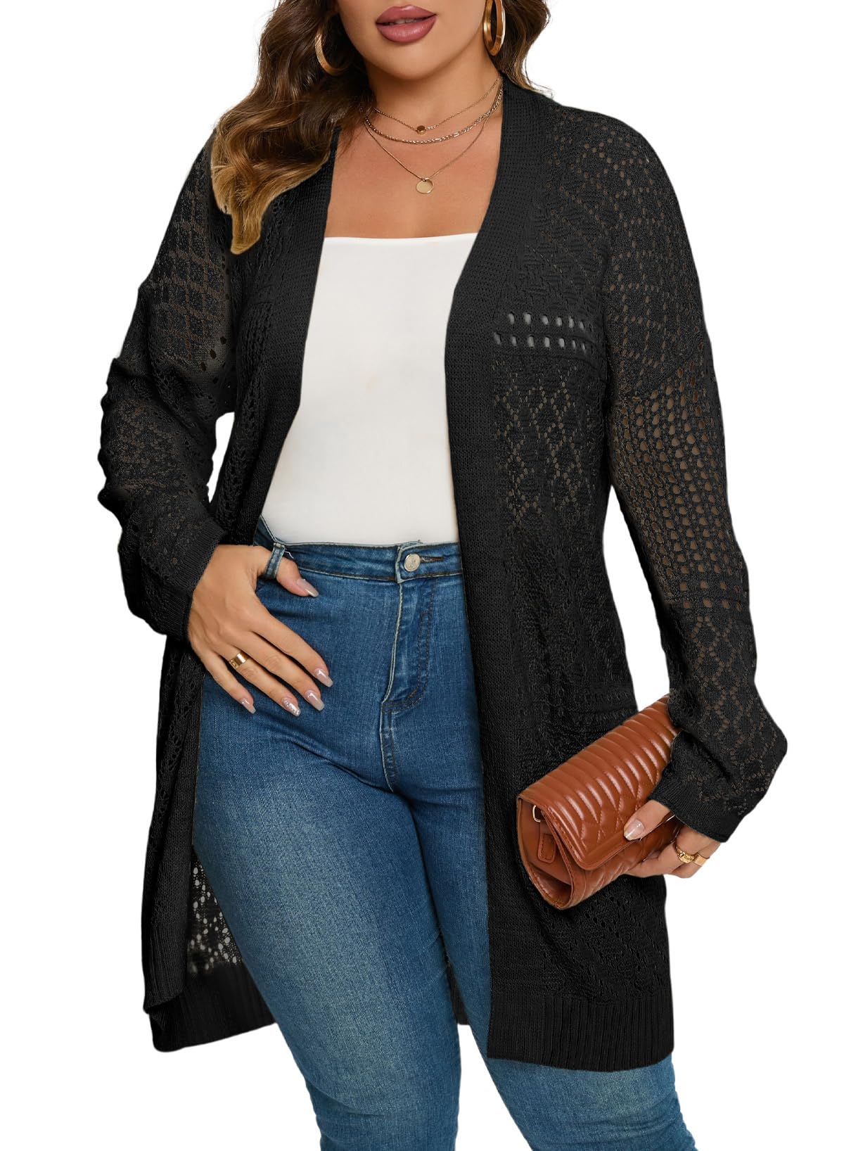 Eytino Women's Plus Size Long Sleeve Hollow Out Open Front Cardigan Sweater (1X-5X) - Cozy Fall Knitwear for Work, Casual & Layering