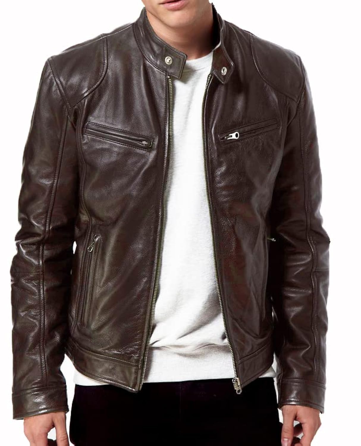 DECIMAL Men's Black & Brown Genuine Lambskin Leather Biker Jacket - Vintage Motorcycle Jacket for Men - Perfect for Riding, Casual Wear & Outdoor Adventures