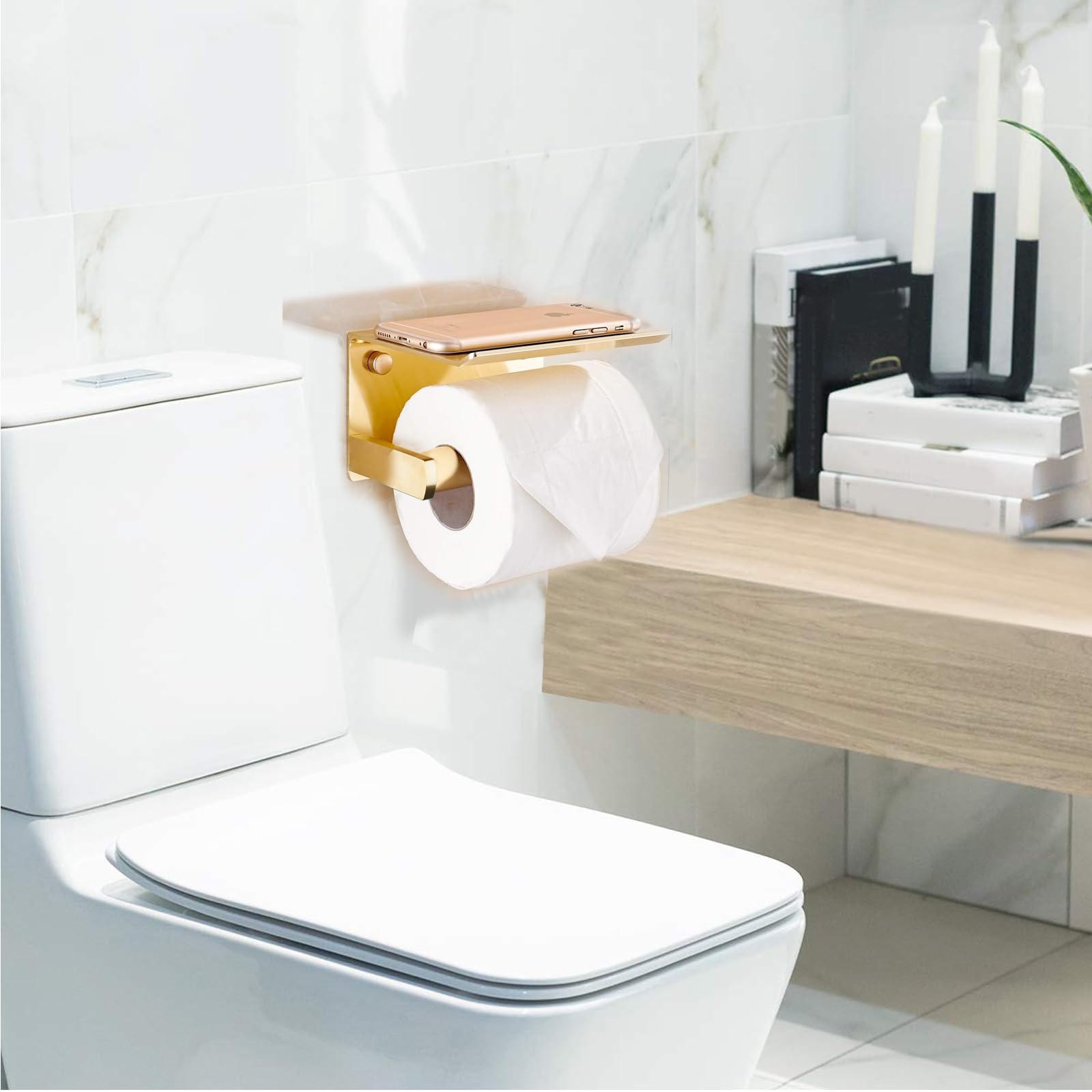 Premium Aluminum Alloy Frosted Gold Toilet Paper Holder with Shelf & Phone Storage - Bathroom Tissue Roll Hanger for Modern Homes | Perfect for Small Spaces, Guest Bathrooms & Luxury Lavatories
