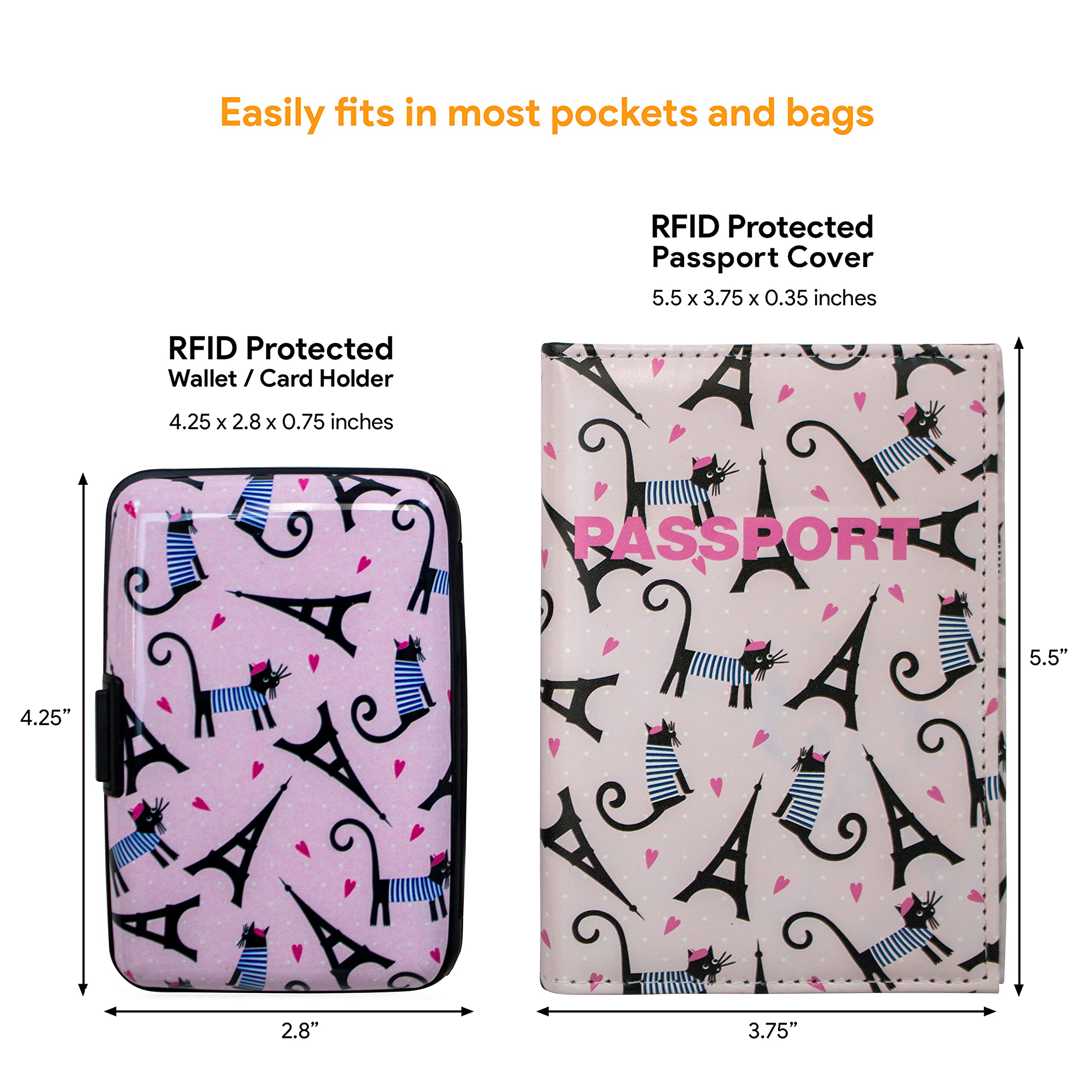 RFID Blocking Wallet and Passport Holder Set with French Cat Design - Secure Travel Essentials for Women & Men | Perfect for International Trips, Airports, and Daily Use