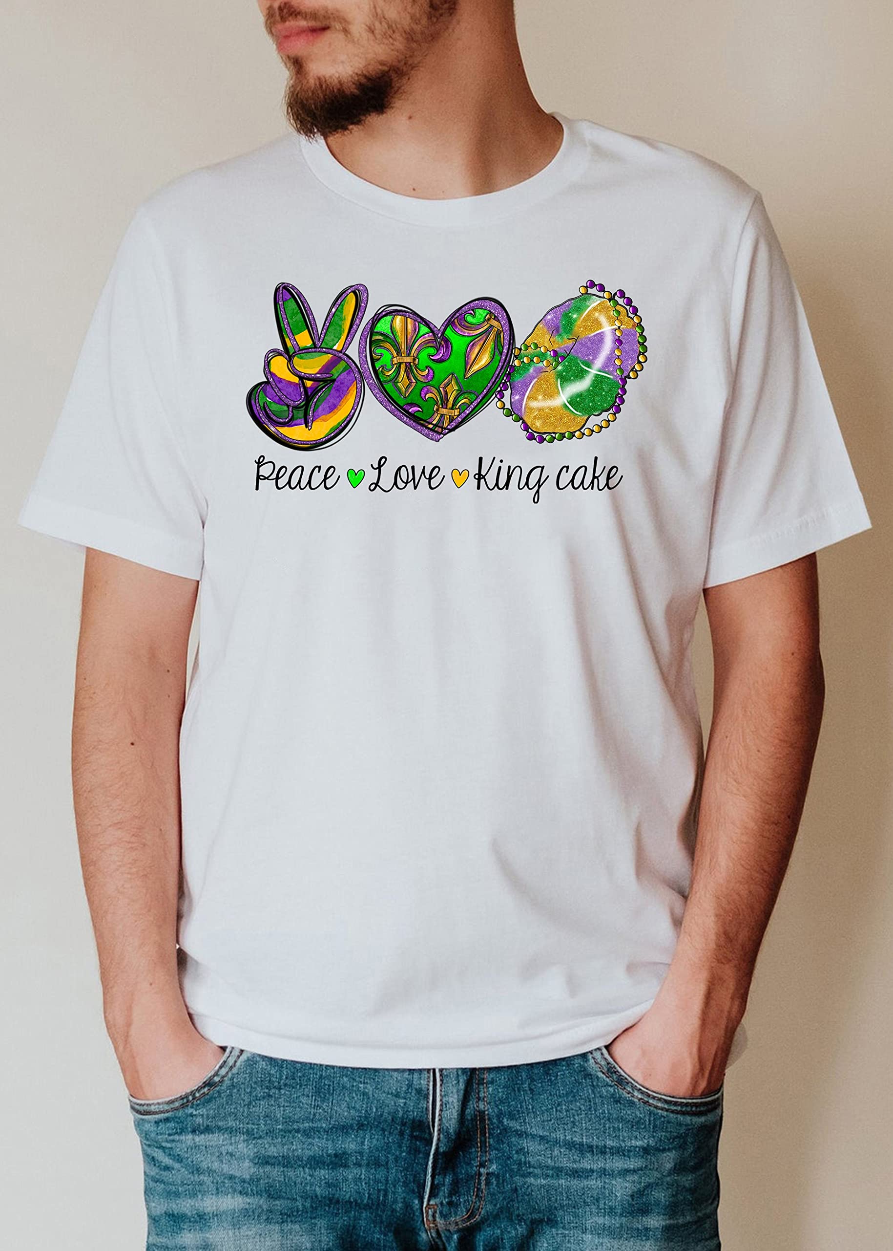Peace Love King Cake Mardi Gras T-Shirt - Fun Mardi Gras Party Tee for Festivals, Parades & Celebrations