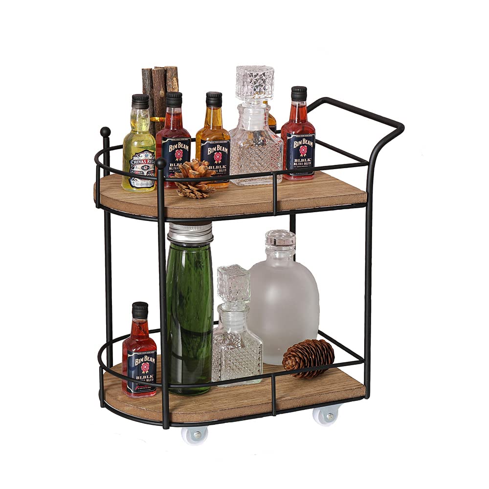 Two-Tier Matte Black Metal Wire and Wood Coffee Bar Cart - Mini Rolling Utility Cart with Tiered Tray - Coffee Bar Organizer, Kitchen Shelf, Farmhouse Decor - Perfect for Small Spaces, Home Office, and Entertaining Guests