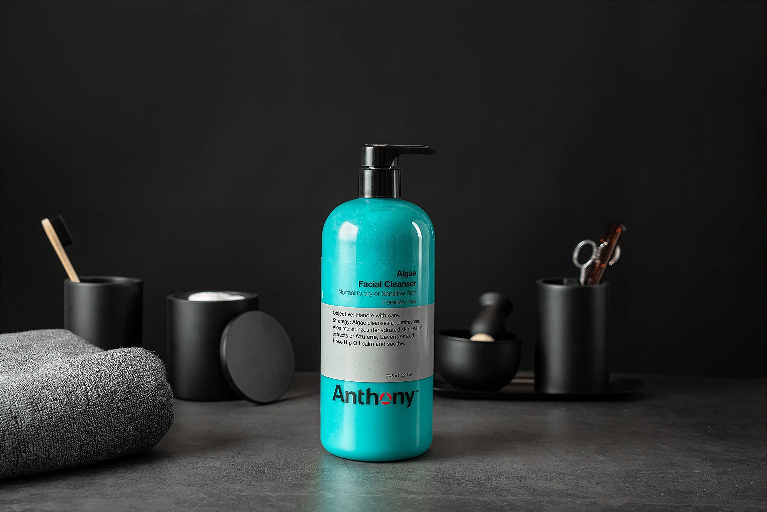 Anthony Algae Facial Cleanser 32 Fl Oz - Deep Cleansing with Algae, Aloe Vera & Rosehip Oil | Hydrating, Moisturizing & Soothing for Dry, Sensitive Skin | Perfect for Daily Skincare Routine & Post-Workout Refresh
