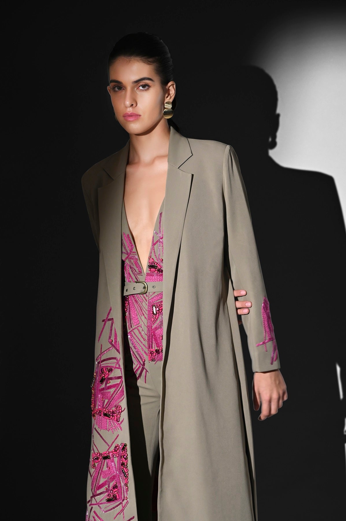 Elegant Beige Jumpsuit with Fuchsia Hand-Thread Embroidery - Perfect for Casual Outings, Parties & Special Occasions