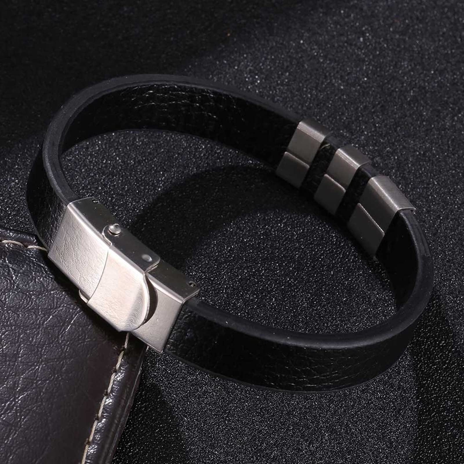 Men's Leather Cuff Bracelet - Stainless Steel & Silver for Casual Wear