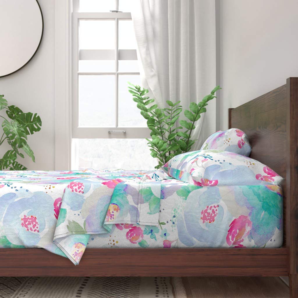 Spoonflower 100% Cotton King Size 4-Piece Sheet Set - Bloom Floral Blues Blue Purple Pink Watercolor Print Custom Bedding for Master Bedroom, Guest Room & Dorm Decor