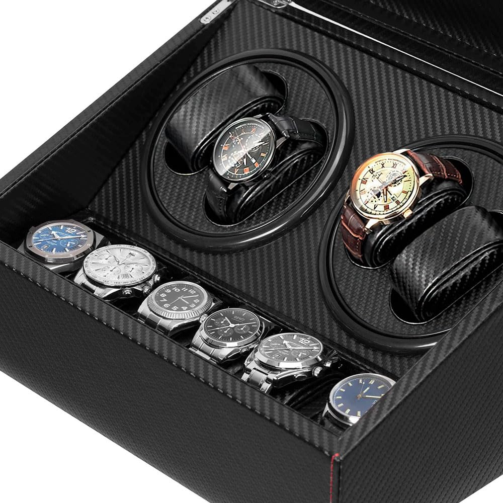 Premium Automatic Watch Winder for Rolex & Luxury Watches - 4 Watch Winders & 6 Storage Slots with Japanese Mabuchi Quiet Motor - Carbon Fiber Leather Case with AC Adapter - Perfect for Watch Collectors & Travel (Home, Office, Safe Storage)