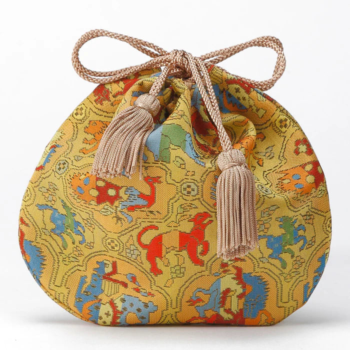 Nishijin Ori Small Drawstring Bag - Biting Lions, Birds & Animal Designs in Gold | Authentic Japanese Traditional Craft Purse Made in Kyoto | Perfect for Gift, Cosmetics & Jewelry Storage