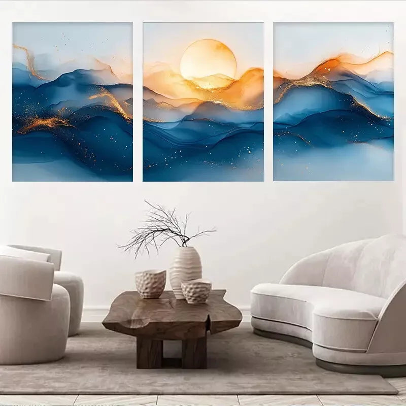 3-Piece Dreamy Blue & Golden Mountain Landscape Wall Art Set - Framed Canvas 50x70cm (20x28in) - High Quality Print - 100% Australian Made - Ready to Hang - Perfect for Living Room, Bedroom & Office Decor