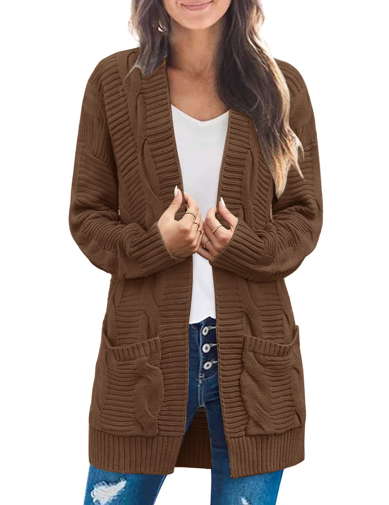 MEROKEETY Women's Long Sleeve Cable Knit Cardigan Sweater - Open Front Fall Coat for Women | Cozy Winter Layering, Office Wear & Casual Outfits