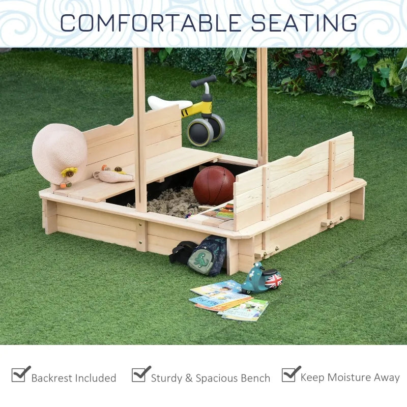 Outsunny Kids Wooden Sandbox with Adjustable Canopy & Convertible Bench - Outdoor Backyard Play Set for Children Ages 3-7 Years - Perfect for Backyard Fun, Sand Play & Imaginative Outdoor Activities