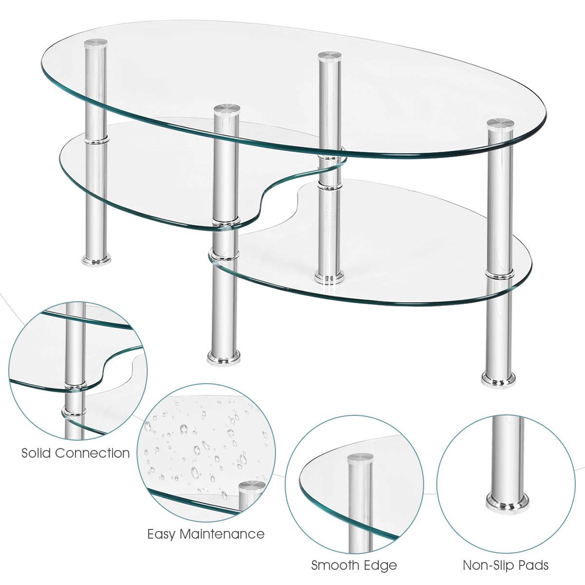 Modern Oval Glass Coffee Table with Storage - POWERSTONE Stylish Center Table for Living Room, Apartment & Home Office | Perfect for Small Spaces, Entertaining Guests & Displaying Decor