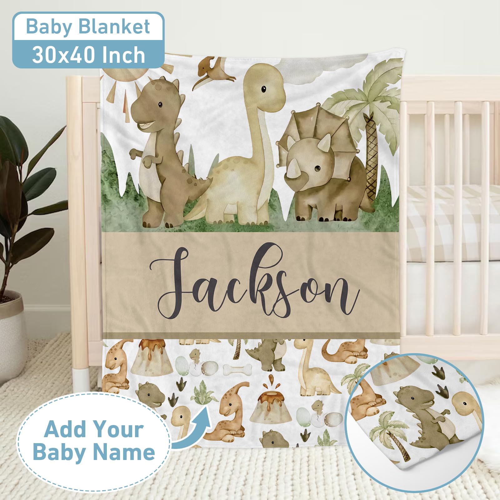 Personalized Neutral Dinosaur Baby Crib Bedding Set - 5 Piece Nursery Set with Fitted Crib Sheet, Toddler Blanket & Baby Area Rug for Boys & Girls | Perfect for Nursery Decor, Baby Shower Gifts & Newborn Essentials