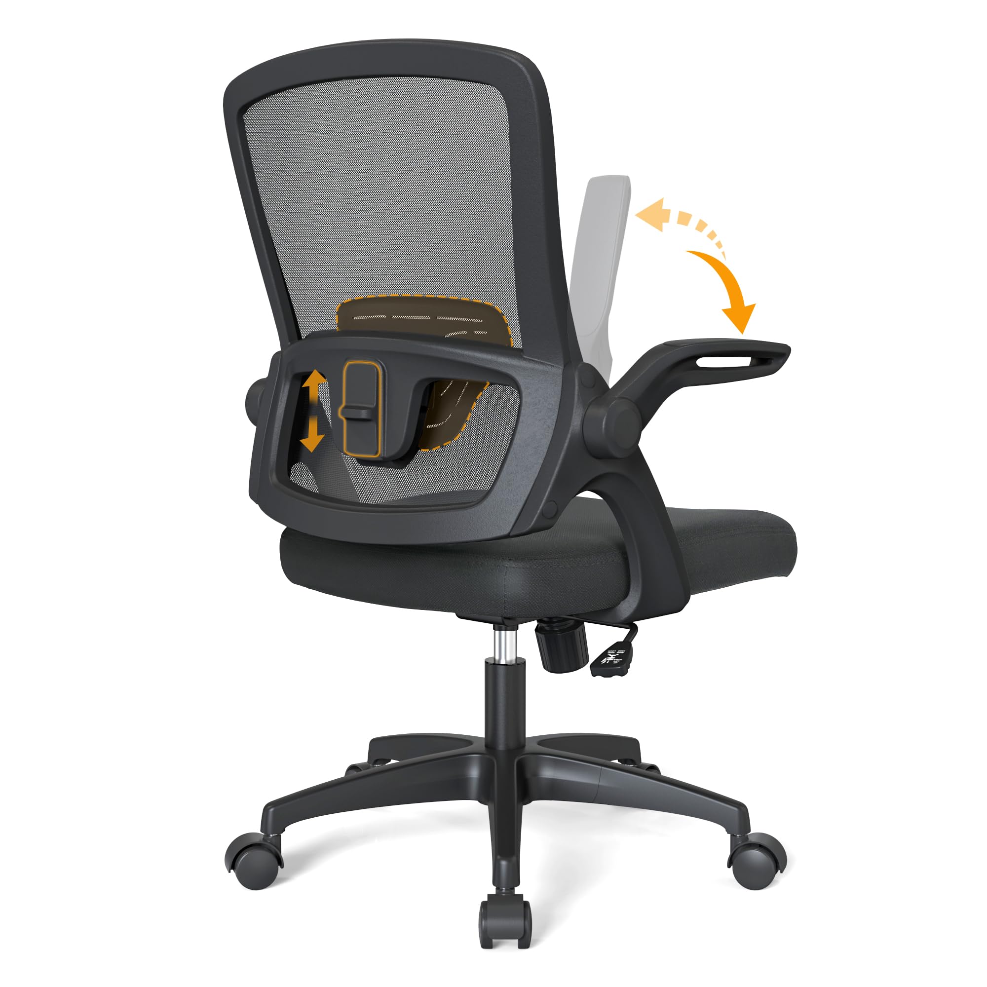 Ergonomic Mesh Office Chair with Adjustable Lumbar Support - Swivel Computer Desk Chair with Flip-Up Arms & Wheels - Comfortable Black Modern Chair for Home & Office Workspaces (Perfect for Long Hours of Work, Gaming, or Studying)