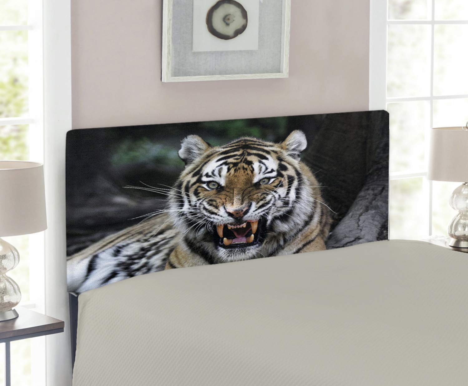Ambesonne African Tiger Headboard - Roaring Wildlife Savannah Animal Nature Photo Print, Upholstered Decorative Metal Bed Frame with Memory Foam - Twin Size Multicolor - Perfect for Jungle Themed Bedrooms & Safari Nursery Decor