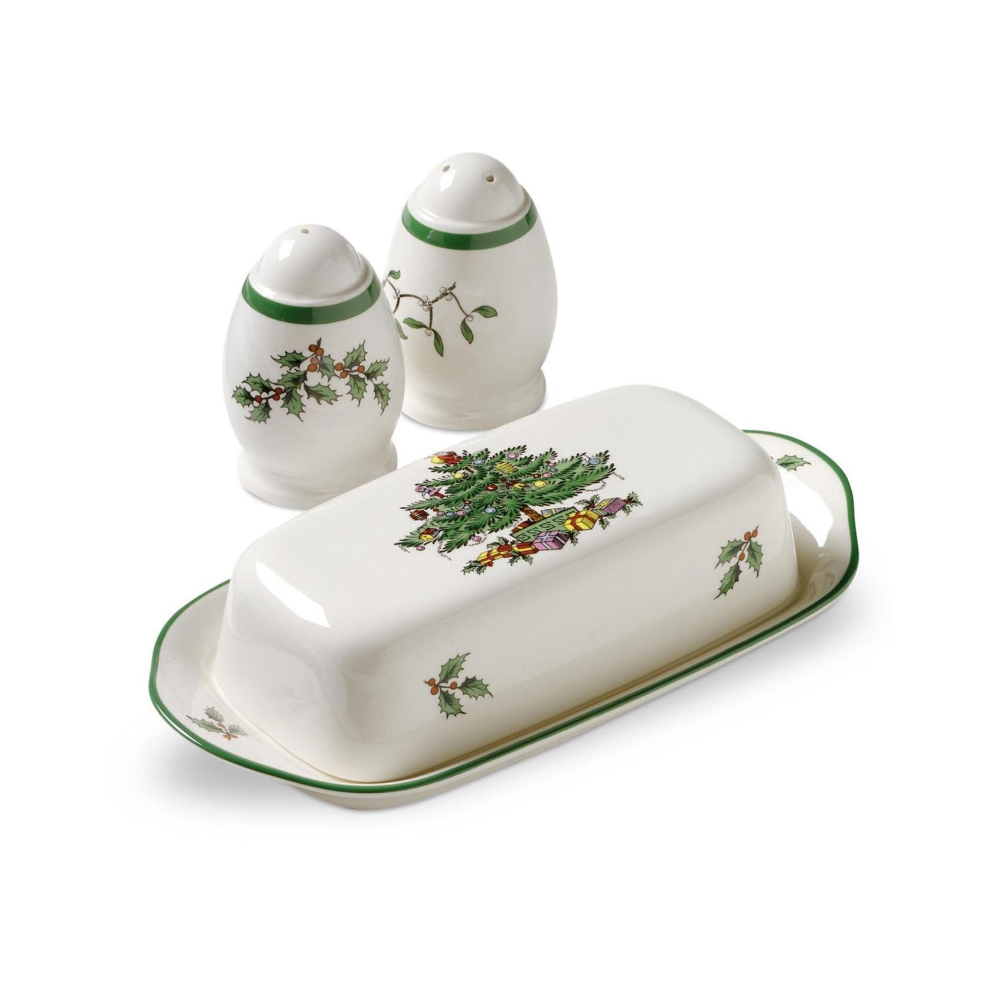 Spode Christmas Tree 3-Piece Hostess Set - Butter Dish with Lid, Salt & Pepper Shakers - Festive Earthenware for Holiday Entertaining - Dishwasher Safe Collectible Gift - Perfect for Christmas Dinner & Hostess Gifts