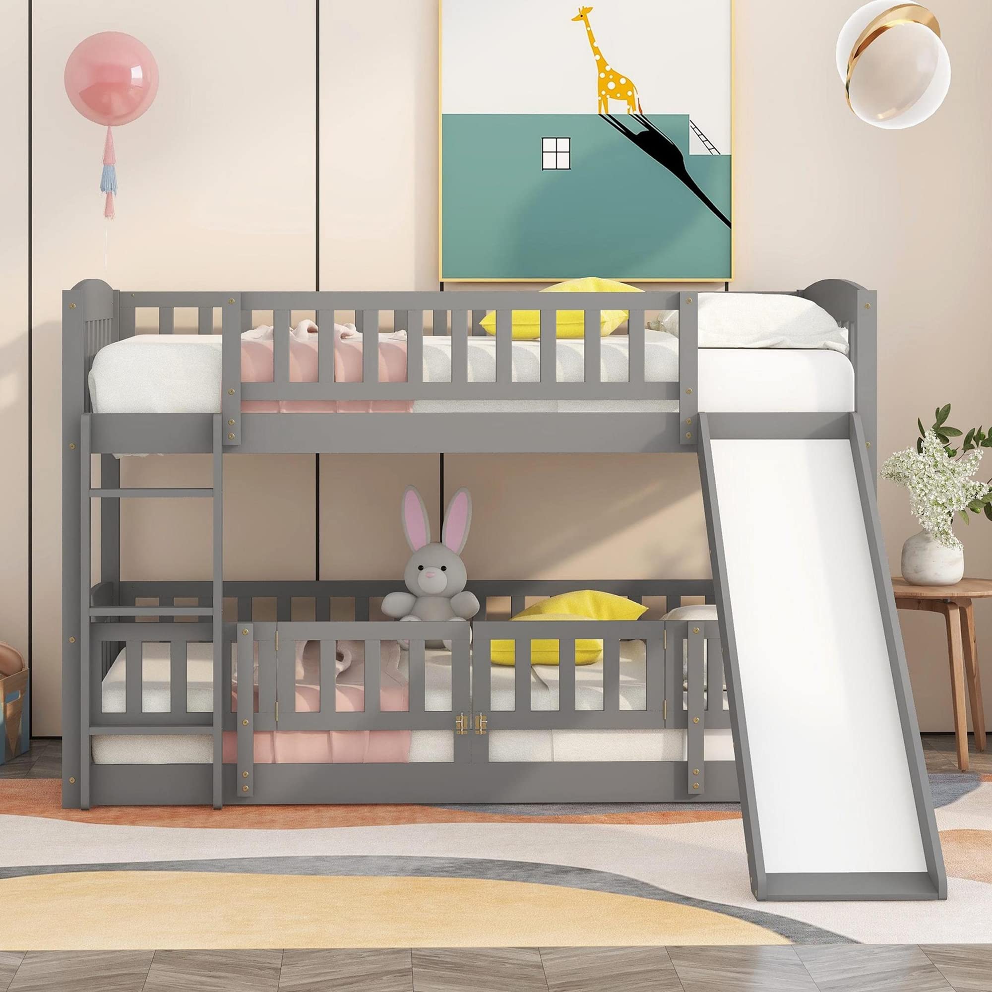 Harper & Bright Designs Twin Over Twin Low Bunk Bed with Slide, Safety Fence & Ladder - Sturdy Wood Bunk Beds for Kids, Boys & Girls - Space-Saving Grey Bedroom Furniture for Small Rooms & Shared Kids' Spaces