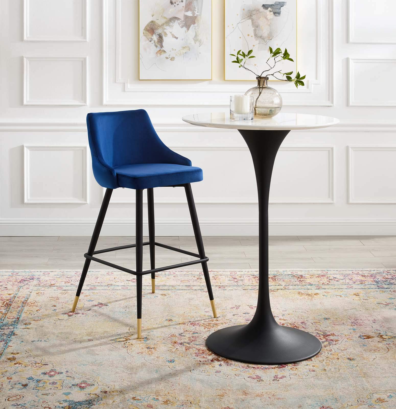 Modway Adorn Performance Velvet Bar Stool - Navy Blue Velvet Upholstered Counter Height Stool with Metal Base for Kitchen Island, Bar & Dining Room - Set of 1