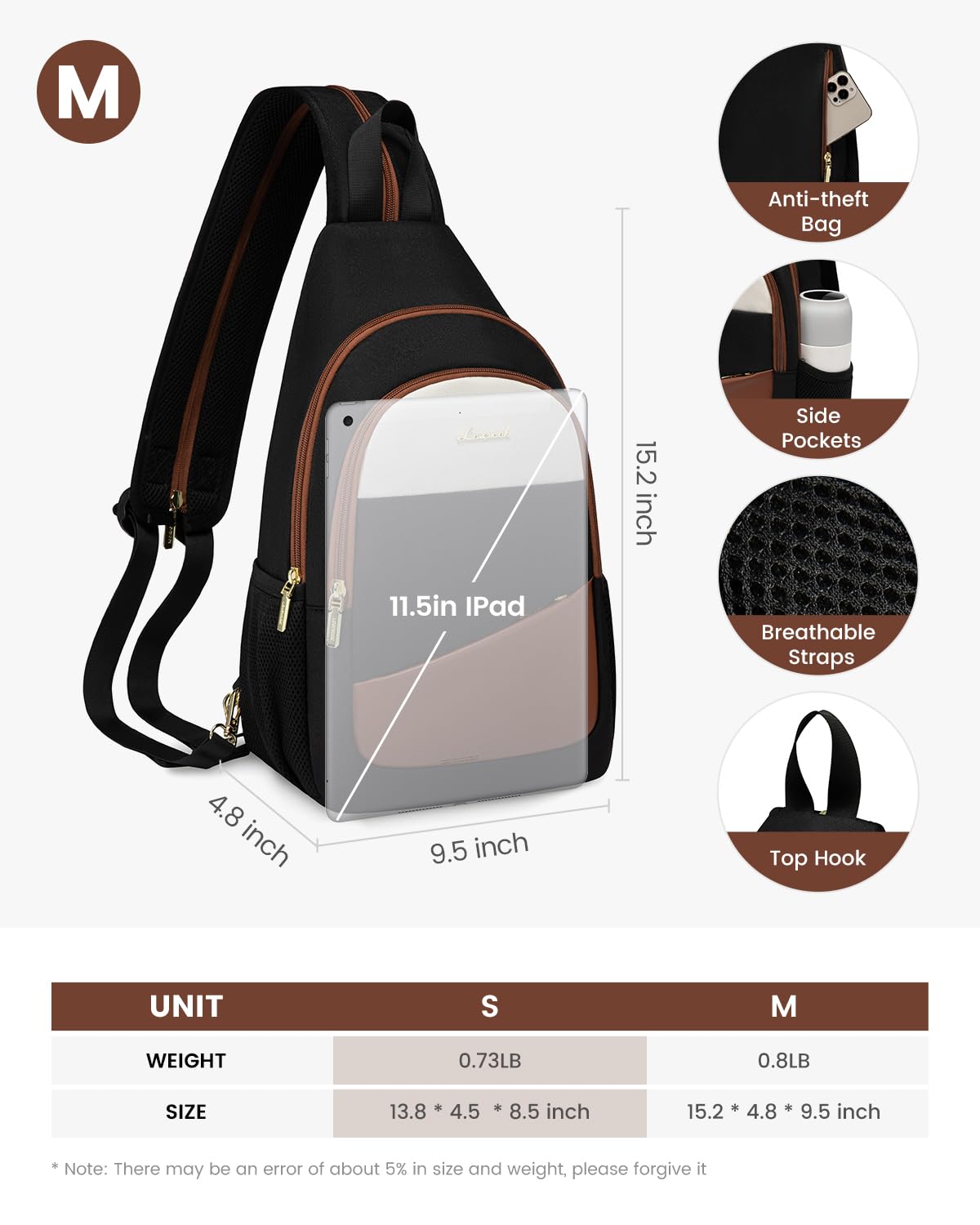 LOVEVOOK Women's Sling Backpack - Water-resistant Crossbody Bag for Hiking, Travel & Diaper Storage in Black/Brown/Beige