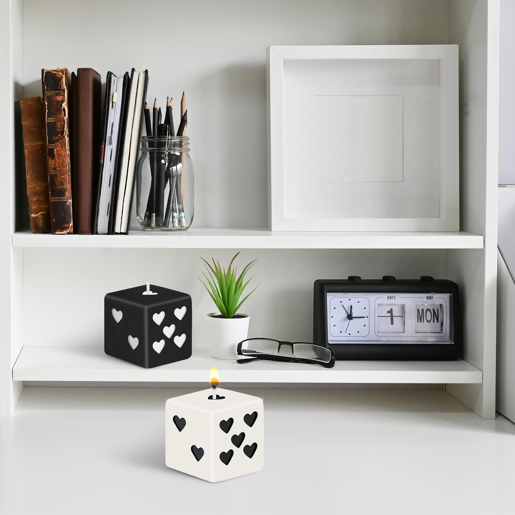 2Pcs Black & White Heart Dice Scented Candles - Natural Soy Wax, Pine Fragrance, Handmade Aromatherapy Candles for Home Decor, Bedroom, Desk & Gift (2x2 inch) - Perfect for Romantic Ambiance, Relaxation & Aesthetic Room Decor