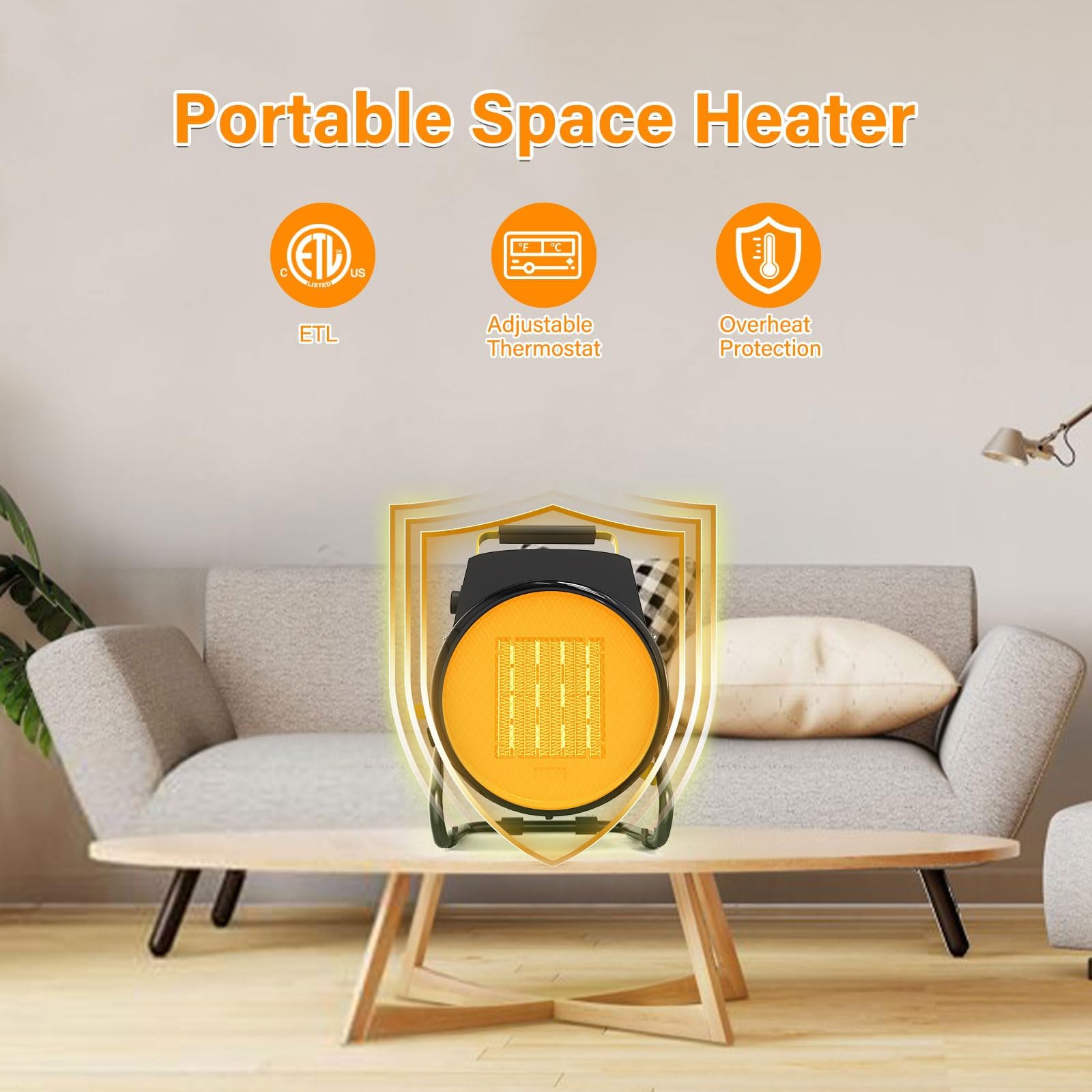 Portable Outdoor Electric Heater - Indoor/Outdoor Space Heater with Thermostat, Overheat Protection & Long Power Cord - Perfect for Patio, Greenhouse, Garage, Tent, Bedroom & Office Use - Yellow