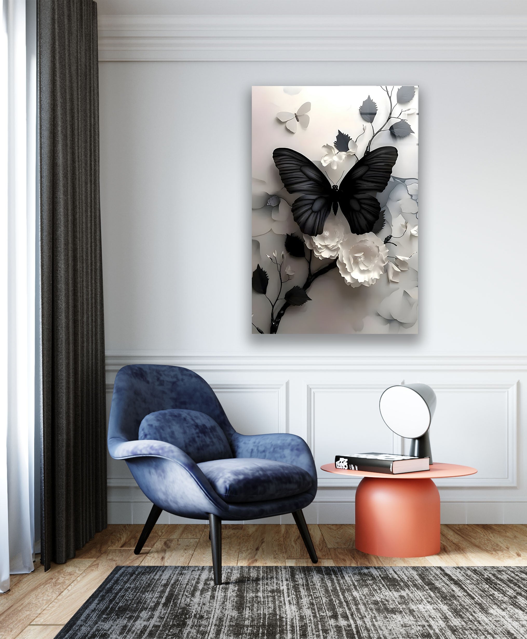 Elegant Black Butterfly & Floral Glass Wall Art - Handmade Decorative Panel for Living Room, Bedroom, or Office Decor