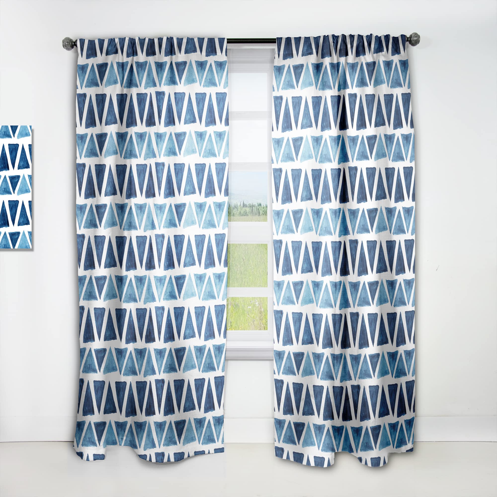 DesignQ Watercolor Modern Blue Triangle Pattern Thermal Insulated Curtains - Single Panel 52x90 - Elegant Window Treatments for Bedroom & Living Room Decor