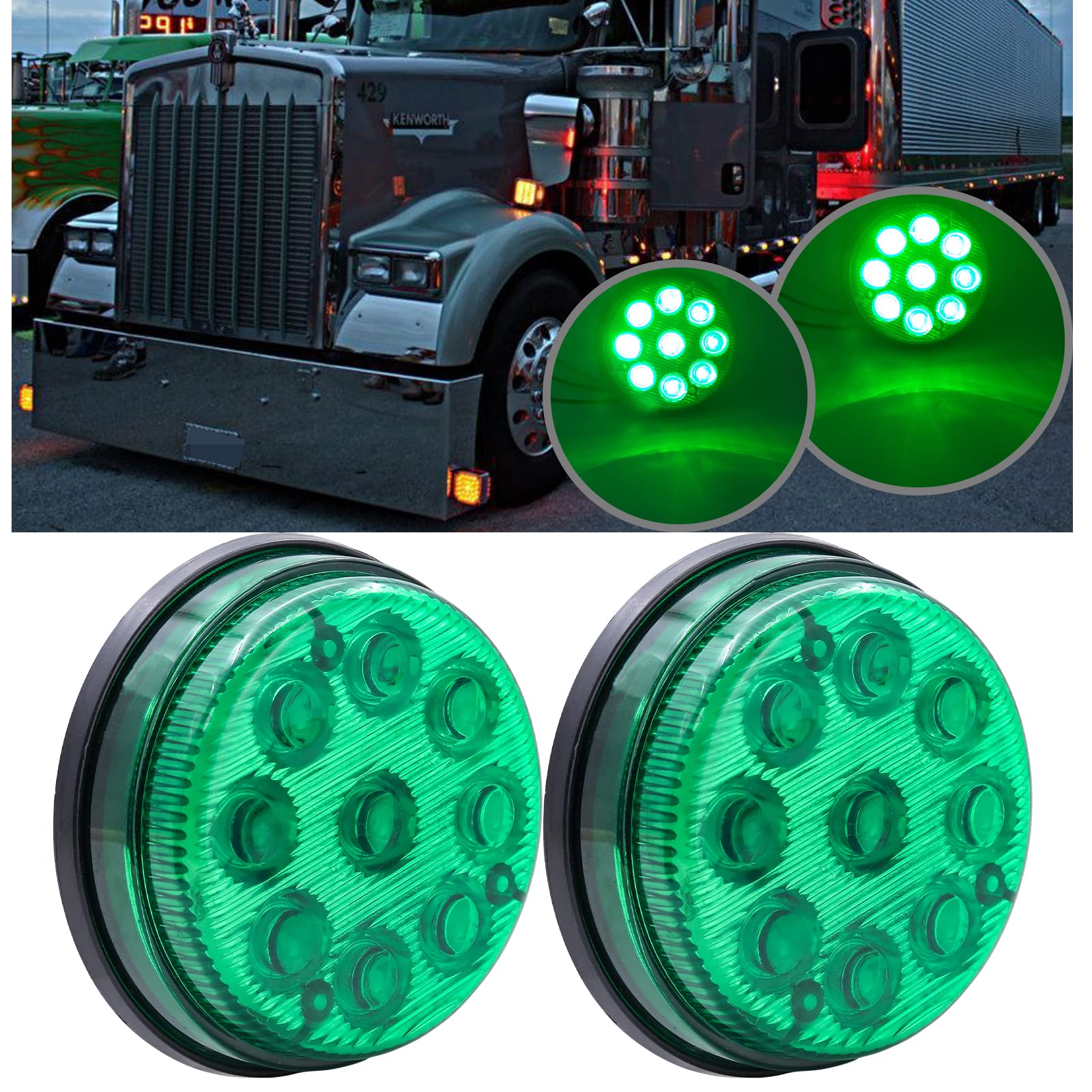 Biqing 3 Inch Round Marker Lights Green - 2PCS 24V 9-LED High/Low Beam Side Lights for Car, Truck, Van, Trailer, Lorry, Bus - Durable Front Rear Clearance Indicators for Night Driving & Off-Road Use